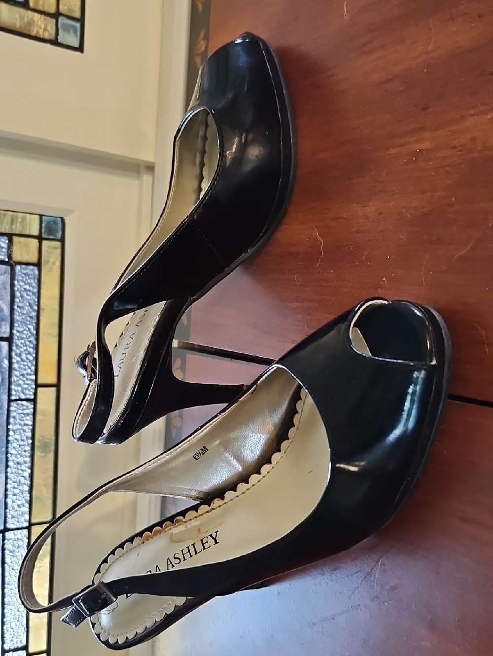 Laura Ashley Black Patent Peep-Toe Slingback Heels